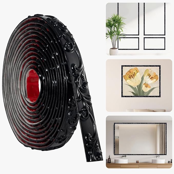 16.4FT x 1.02'' Black Peel and Stick Crown Molding Trim – Self-Adhesive Mirror Border & Cabinet Edge, Flexible Decorative Trim for Interior Use by Hohnnyreet