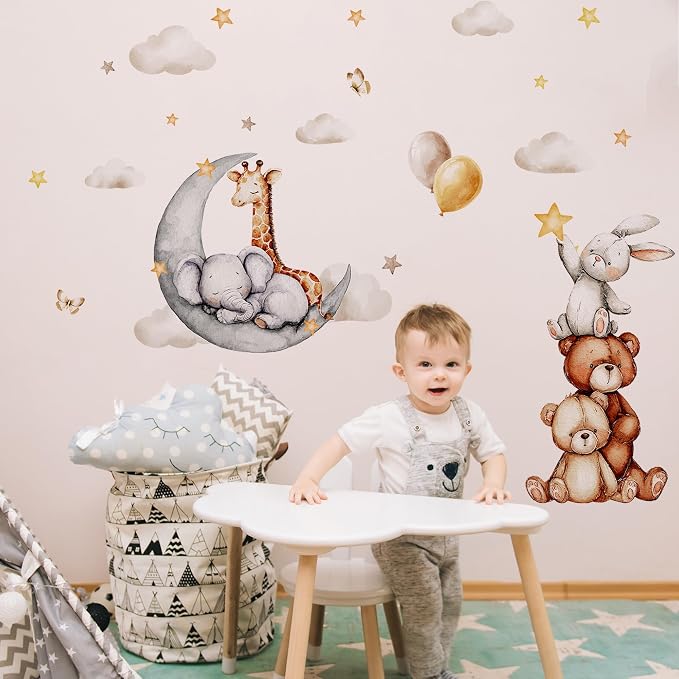 Boho Animals & Moon Wall Decals, Removable Nursery Jungle Animals Balloon Bear Wall Stickers for Kids, Boys and Girls Room, Bedroom, Toddler Room Decor (Animal Stars and Clouds Wall Decor 58) - Image 3