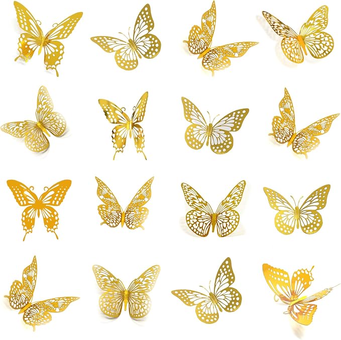 Meikeer 3D Butterfly Wall Decor 48Pcs Gold Removable Stickers Party | Gold metallic, 4 styles 3 sizes (8/10/12cm), self-adhesive, foldable 3D wings, wall, window, bedroom, wedding, party by Meikeer