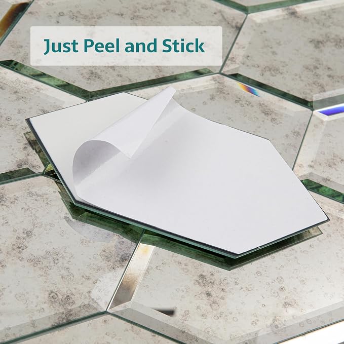 Peel and Stick Beveled Mirror Tile, Mirror Backsplash Tiles for Kitchen Bathroom Wall 4x6 Inch Long Hexagon Light Antique 30 Pcs, 4.8 SQ.FT - Image 2