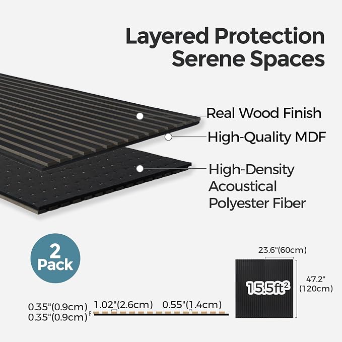 AKUMAX Wood Slat Acoustic Wall Panels, 2 Pack 24 x 48 in Each, 15.5 ft², NRC 0.80 Sound Absorbing 3D Slat Wall Paneling with Real Wood Veneer, E0 MDF and PET Felt, Black Oak - Image 4