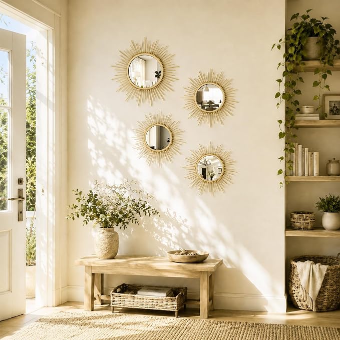4 Pieces Gold Sunburst Wall Mirror Set Modern Metal Circles for Home Decor - Image 6