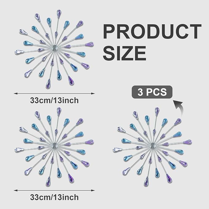 ZEXUIRU 3 Set Silver Starburst Wall Art for Home Decor Metal Bling Crystal Rhinestones Sunburst Wall Decor Sparkling Rhinestone Art Accent Silver - 13in - Image 3