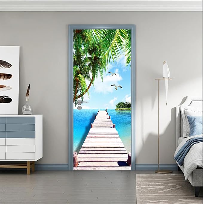 artfanke 3D Door Sticker Peel and Stick 30.3"x78.7"- Self-Adhesive Door Murals Wallpaper- Wooden Bridge Seascape Wall Decals Waterproof for Bedroom Decor (2 Sheets/Set) by artfanke