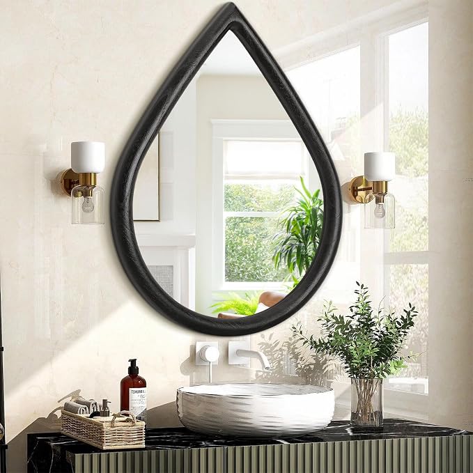 Teardrop Wall Mirror with Wood Frame Rustic Wall Mirror Black Farmhouse Unique Irregular Wall Hanging Mirrors for Bathroom Living Room Hallway Wall Decor - Image 2