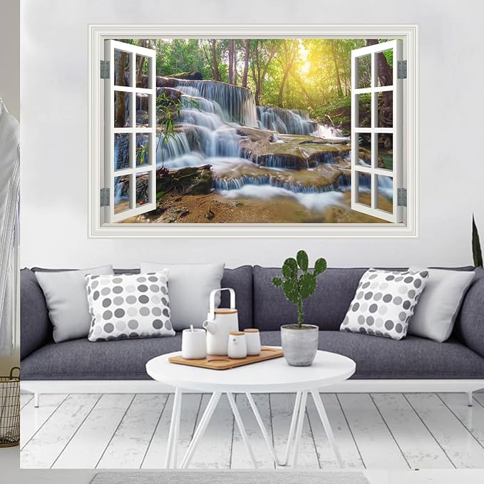 Fake Window Wall Decal Forest Jungle Waterfall River Faux Window Poster Sticker Picture Open Wall Art Decor, Stick and Peel Landscape Natural Scenery Sunshine Canvas Scene Mural,16"x24" - Image 2