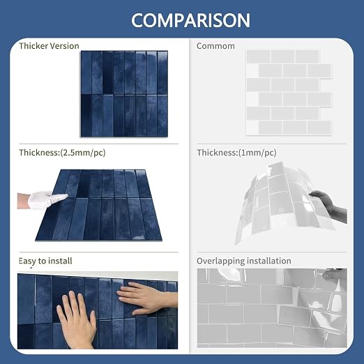 10 Sheets Upgraded Thicker Design Subway Tile Peel and Stick Backsplash | 12”×12”Self Adhesive Wall Tiles Stick on Back Splash for Kitchen,Bathroom,Camper(Blue) - Image 7