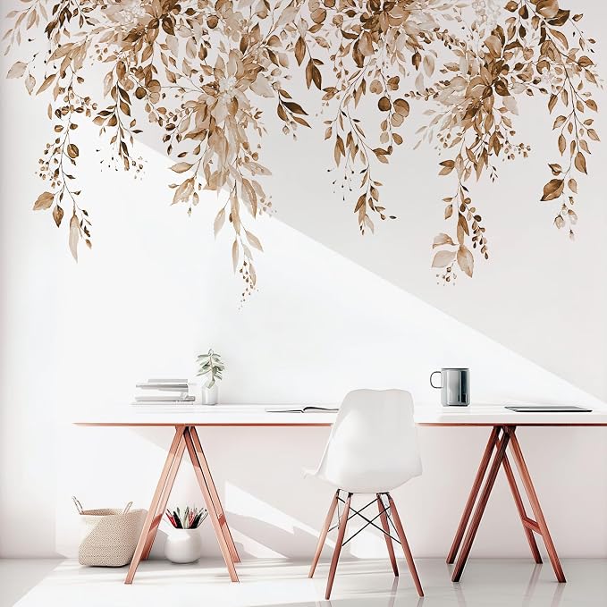 Brown Plants Leaves Wall Decals Peel and Stick, Large Floral Flowers Vinyl Wall Stickers, Removable Vine Home Decor Art for Bedroom Living Room Classroom Office by VePret