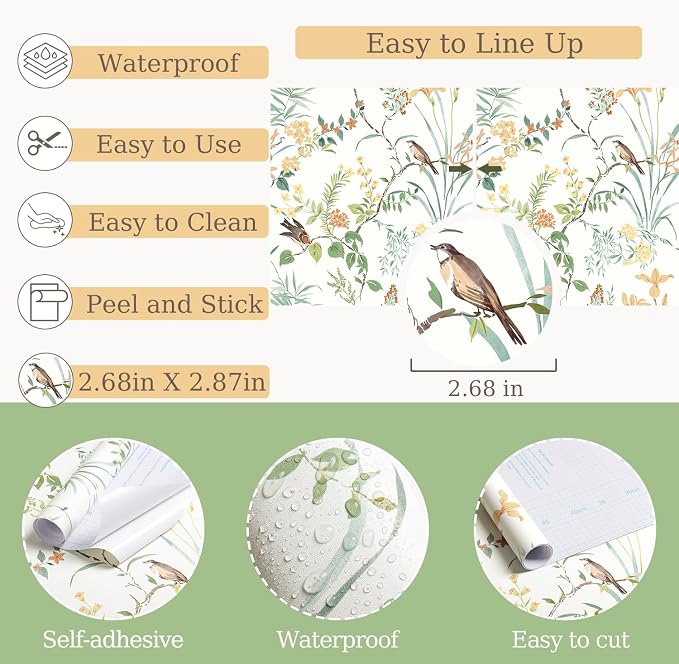Erfoni Colorful Floral Birds Wallpaper Boho Floral Peel and Stick Wallpaper | 16.9" x118" DIY Self Adhesive Contact Paper Removable Wallpaper for Bedroom Cabinet Decor Modern Flower Leaf Vinyl Roll - Image 5
