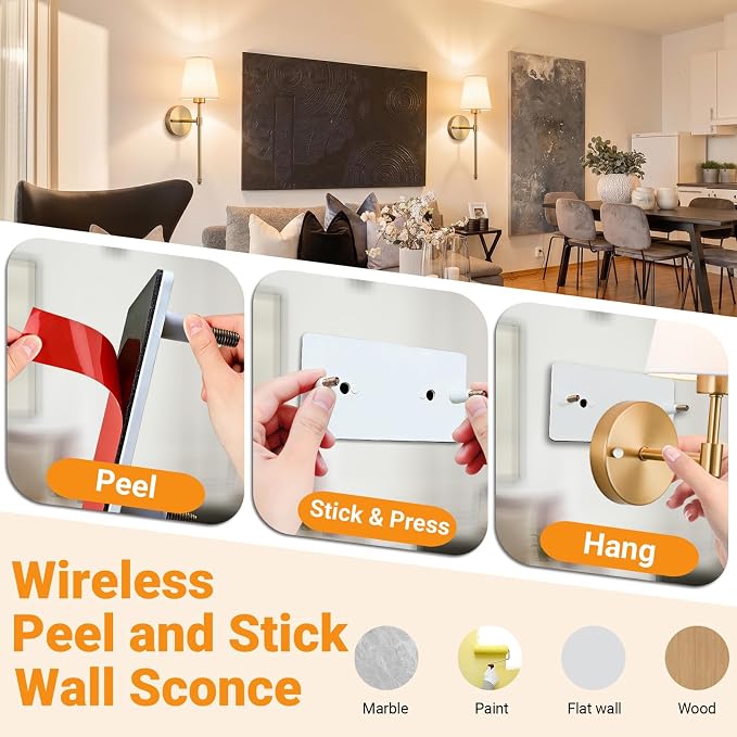 Nekhung Battery Operated Wall Sconce, Peel and Stick Sconces Set of 2 | Wireless Adhesive Stick On Wall Sconce, 10000mAh Rechargeable RGB Bulb with Remote, No Drill Wall Light for Bedroom Decor - Image 3