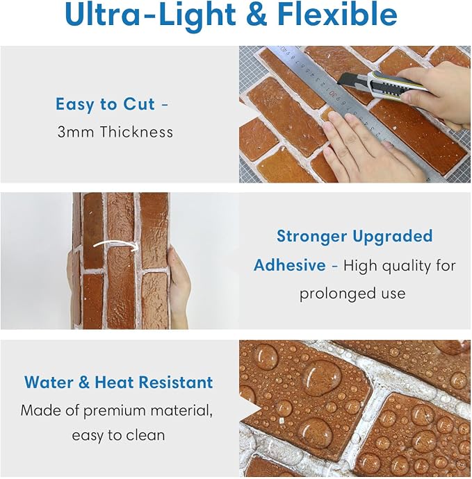 COMSTICKC 3D Peel and Stick Faux Brick Wall Panels for Quick DIY Wall Decor | Red Brown, 10 Pcs 11.8" x 11.8", Not Real Brick, Small Size, Lightweight Thin PVC Designed for Wall Makeover, Cover 9.7 sq ft - Image 5