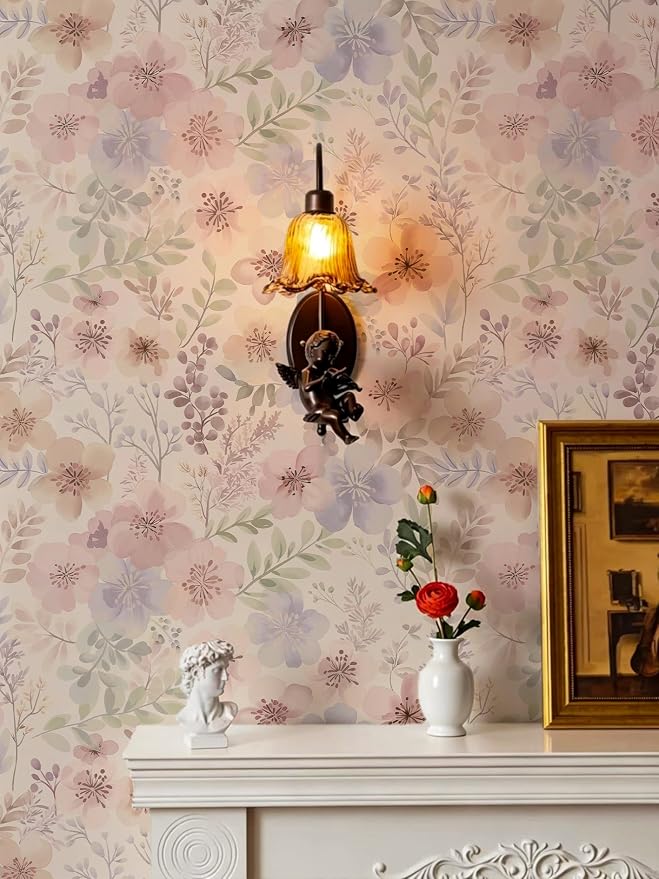 Guvana Peel and Stick Wallpaper Pink Floral Wall Paper French Country Vintage Contact Paper Neutral Botanical Self Adhesive Removable Wallpaper for Living Room Stairwell Bedroom Cabinet 17.3"×197" by Guvana