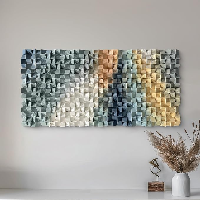 LIUZEYUE 3D Wood Wall Art Decor with Layered Pine Geometry, Pine Mosaic | large 3D wood wall art; cool sage and gold, hand-arranged pine blocks; dining area large-wall accent; 31.5 x 63 in - Image 9