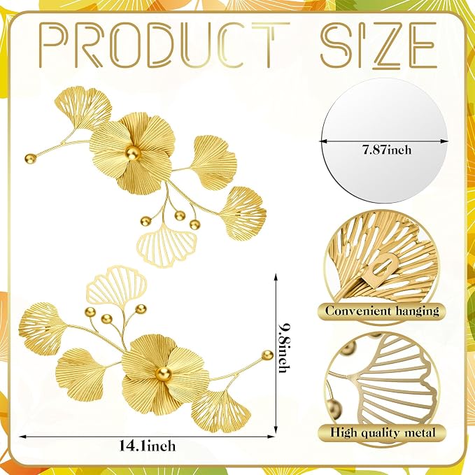 Tandefio 3 Pcs Metal Decorative Wall Mirrors for Living Room Metal Ginkgo Leaf Mirror Modern Creative Wall Decor Art Hanging Decor Mirror for Entrance Bedroom Living Room(Gold,16.inches) - Image 3