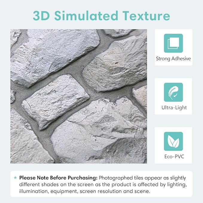 Commomy Faux Stone Peel and Stick 3D Wall Panels 10 Pcs 11.8" x 11.8" | Ultralight Thin PVC Printable Faux Rock Wall Covering Decorative Tiles for Living Room,Fireplace(Covers 9.7 sq.ft) - Image 3