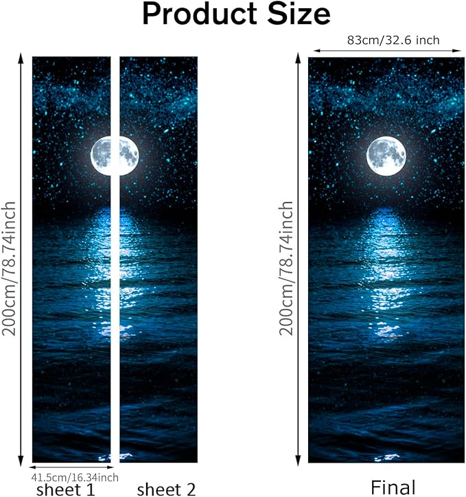 Door Stickers Peel Stick Murals-Wall Cover Decorative Decal Moonlit Sea | 30.3"W x 78.7"H, 3D Moonlit Sea Wallpaper，Waterproof Removable Opaque Vinyl Self Adhesive Fake Door Decor for Home Office - Image 3