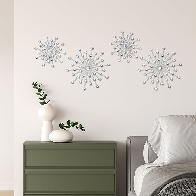 ZEXUIRU 4 Set Silver Starburst Wall Art for Home Decor Metal Bling Crystal Rhinestones Sunburst Wall Decor Sparkling Rhinestone Art Accent Silver - 13 in - Image 2