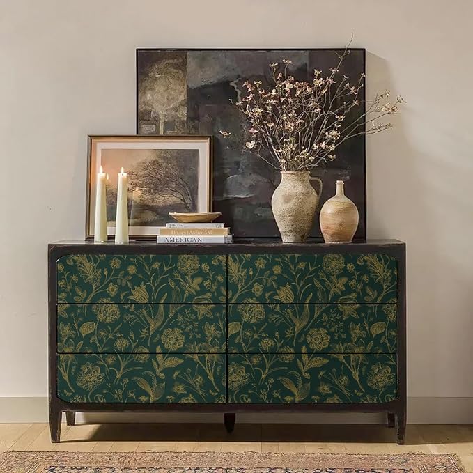 Dark Green and Gold Floral Peel and Stick Wallpaper 17in x118in | Floral Wallpaper Boho Removable Contact Paper Botanical Self Adhesive Decor Flower Wall Paper for Cabinets Bathroom - Image 3
