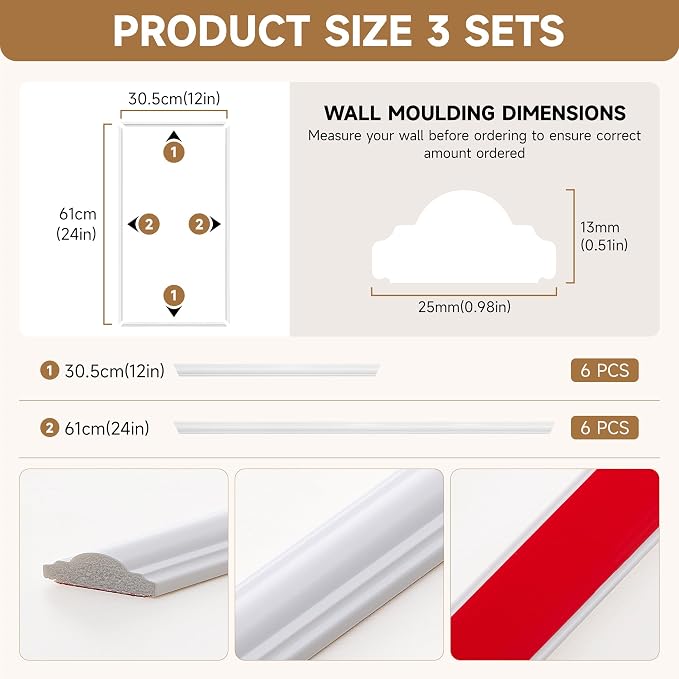 INMOZATA Pre-Cut Peel and Stick Wall Molding Wainscoting Panels, 24" x 12" | Strong Adhesive, Paintable, Easy to Install, Ideal for Interior Wall Decor Living Room Bedroom Hallway - Image 5