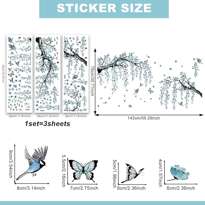Blue Cherry Blossom Wall Stickers, Spring Watercolor Blue Flower Tree Wall Decals Bird Butterfly Peel and Stick Wall Murals Decor for TV Background Living Room Bedroom (Ink Blue) - Image 6