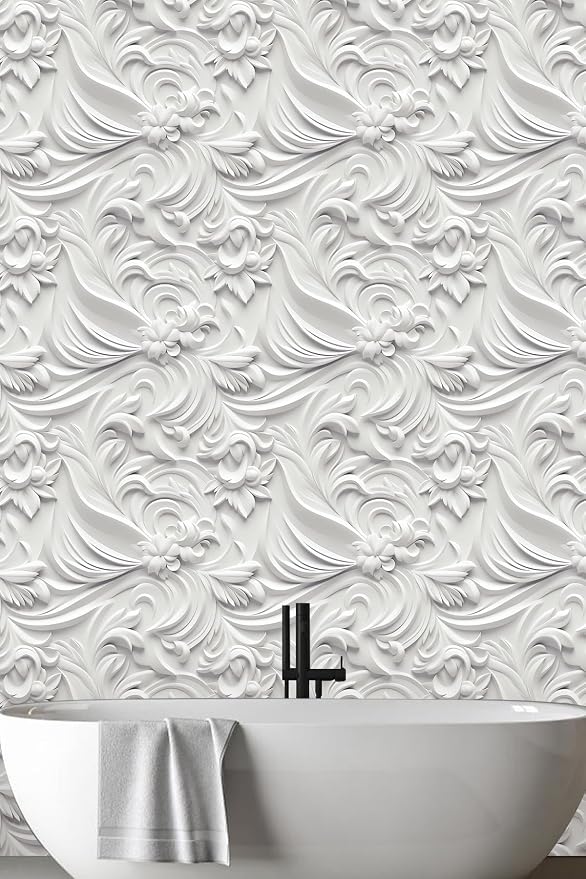 Peel and Stick Wallpaper White Gray Scroll Floral Feature - Image 4