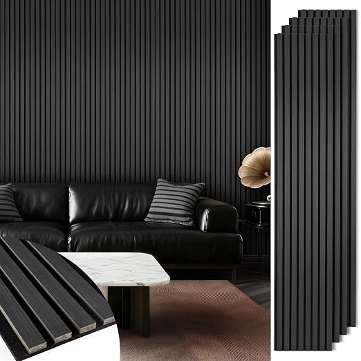 Acoustic Wood Slat Panels, Soundproof Wooden Wall Panels, 3D Fluted Panel for Interior Wall Decor, Living Room, Bedroom (Black, 106 * 50.4 inch) by LARWORKS