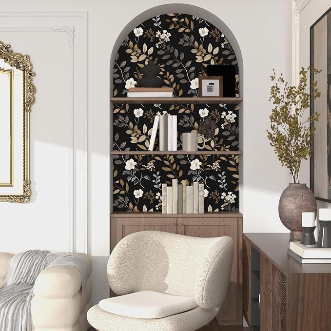 Laatse Floral Leaf Vintage Wallpaper Peel and Stick 17.5"x393", Black Gold | Self Adhesive/Removable/Waterproof/Thick Vinyl Contact Paper for Bathroom Bedroom Shelf Cabinet Drawer,Prepasted,Easy Peel - Image 6