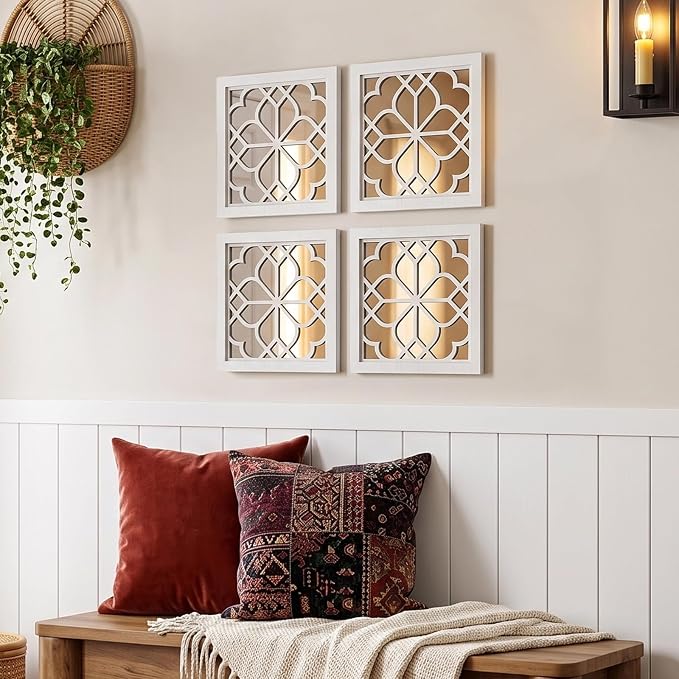 ZEXUIRU 4 Set Rustic Wall Mirrors for Bedroom Bathroom Living Room Entryway Wood Farmhouse Square Easy to Hang Framed Decorative Accent Hanging Wall-Mounted Mirror Set for Living Room -White - Image 8