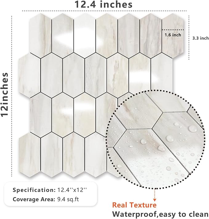 Vamos Tile Long Hexagon Peel and Stick Backsplash Tile - 1 Sheet Stick on Backsplash for Kitchen and Bathroom 12.4 x 12 Inch Glossy Wood Grain PVC Self Adhesive Mosaic Wall Tiles - Image 3