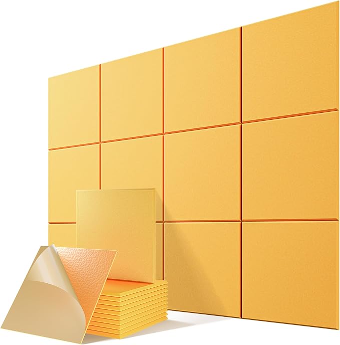 12 Pack Self-Adhesive Sound Proof Foam Panels for Walls 12"x12"x0.4" Fabric | High-Density Acoustic Panels, Noise Reducing Soundproof Wall Panels for Home Studio, Office, Easy-Install Gold by Lebenforce