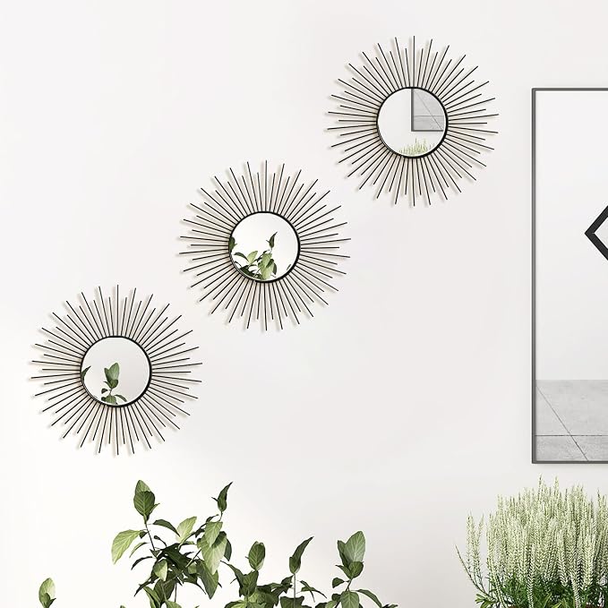 3 Pack Metal Mirrors for Wall Sunburst Wall Mirrors Home Décor Decorative Hanging Wall Art for Living Room Bedroom Entryway (Black2, Sunburst) - Image 5