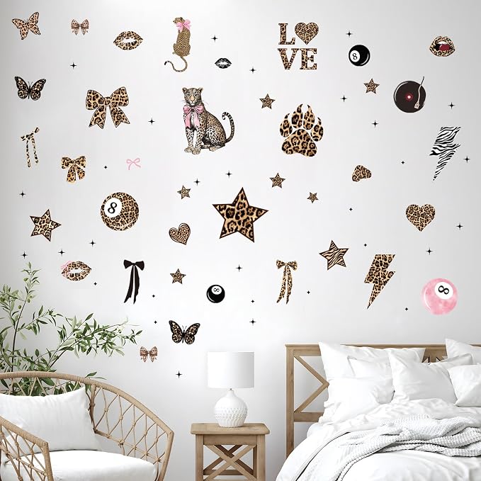 Wxiben 200 Pcs Cheetah Print Wall Decals Leopard Print Walls Stickers Decor | Cheetah Walls Decor for Room, Y2K Bow Star 8 Ball, Peel and Stick Wall Decals for Home Bedroom Living Room Apartment Dorm - Image 5