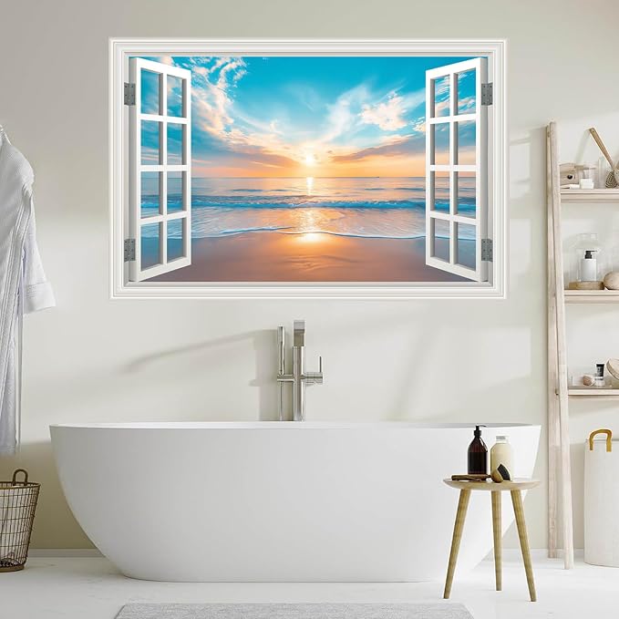 Large Murals 66"x48" Fake Window Wall Mural Ocean Beach Seascape Faux Window Wall Cling Art Picture Office Poster Coastal Decals Decor, Stick and Peel Landscape Natural Scenery Sunset Coastal Scene - Image 8