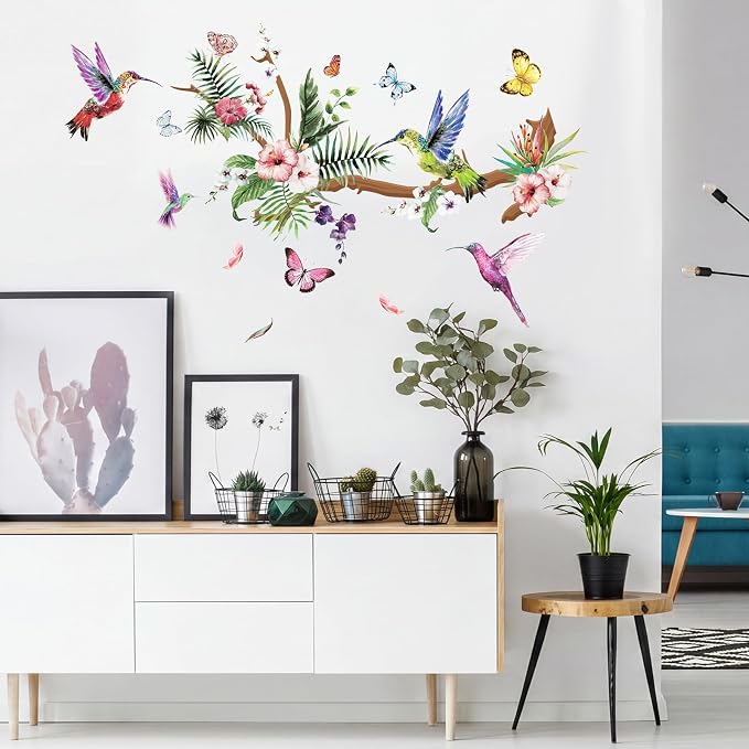 3 Sheets Hummingbirds Wall Decals Peel, Vinyl Stickers Murals for Window | Wall Decors Clings, Botanical Birds Tree Branch Flower Butterfly Design, Removable, For Bedroom Barhtoom Living Room Nursery - Image 6