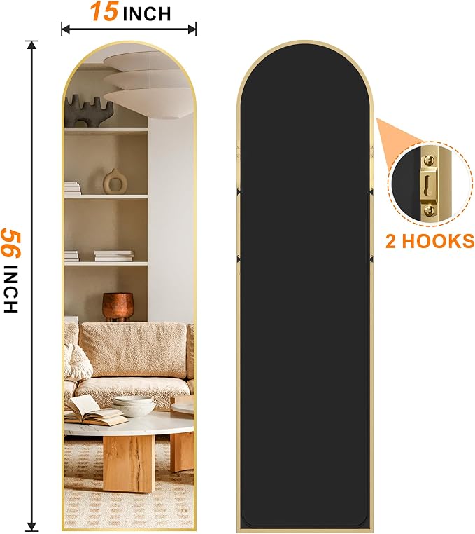 Arched Full Length Mirror, 56"x15" Standing Body Mirror for Wall, Gold - Image 2