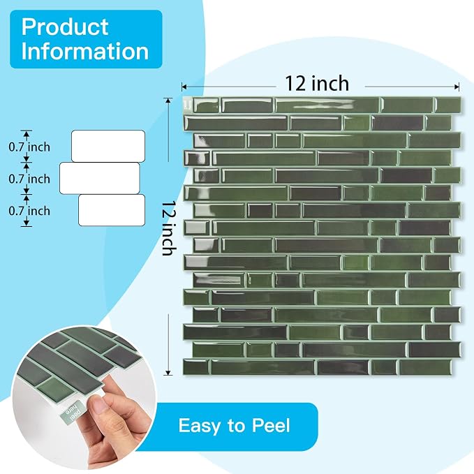Art3d Linear Design Tile Peel and Stick Backsplash, 10-Sheet, Dark Green | 12 x 12 Inch, Enhanced Thickness, Warp Resistant, Strong Adhesion, Sturdy, for Kitchen, Bedroom, Ideal for Home Improvement - Image 6