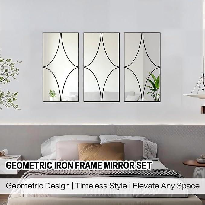 Set of 3 Large Rectangular Wall Mirror, Black Rust Resistant Metal Frame Decorative Mirror,Multi-Shape Layout Wall Mount Mirror for Living Room Bedroom Entryway,Dual Use Decor Grooming - Image 9