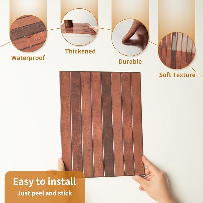WOWSTAR 10-Sheet Thickened Peel and Stick Backsplash for Kitchen, Back Splashes Stick on Tile, Waterproof Wall Tiles, Terracotta - Image 6