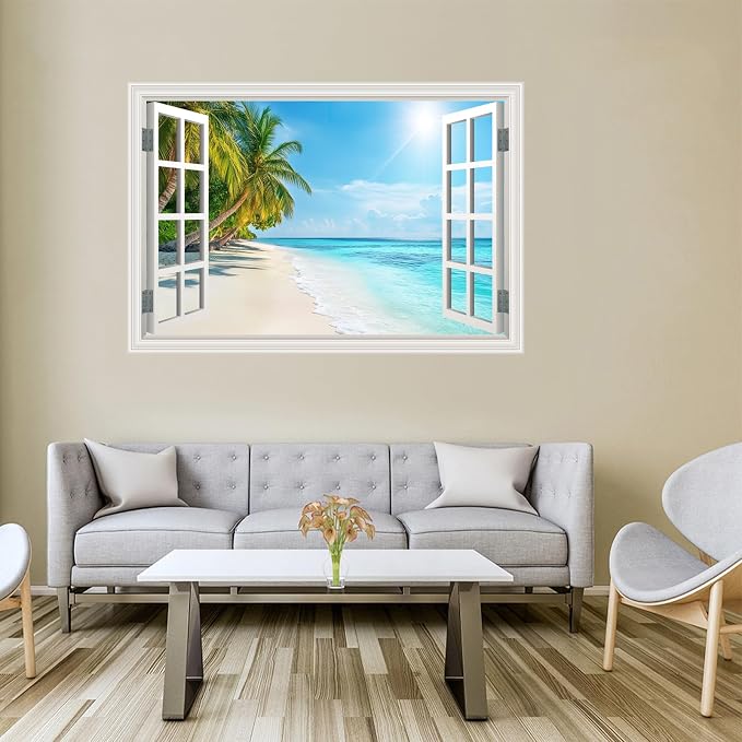 Fake Window Wall Decal- Summer Beach Ocean Tropical Coconut Tree Art Mural | Faux Window Seascape Natural Scenery Landscape Sticker｜ Stick and Peel Wall Decals｜for Room Bedroom Office Decor｜24"x16" - Image 4
