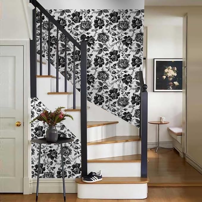 Black and White Peony Floral Rose Vintage Flowers Modern Peel and Stick Wallpaper Wall Decor Self Adhesive Wall Paper Stick on Easy Peel Off Contact Paper for Renter Bedroom Apartment - Image 6