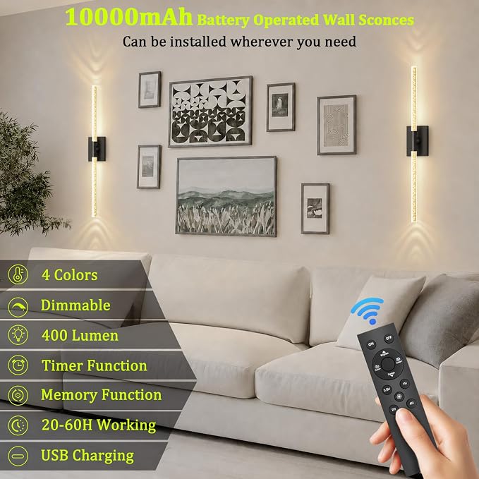 iThird Battery Operated Wall Sconces Set of 2, 10000mAh, Black Bubble | wireless crystal wall lights rechargeable with Remote & 360° Rotate, 31.5" Wall Lamp for Bedroom Living Room Mirror - Image 7