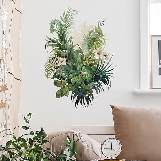 Botanical Wall Decals with Palm Leaves Lush Green Foliage White Flowers Removable Peel and Stick Wall Art 22.4x15.7 inches for Living Room Nursery Home Decor - Image 5