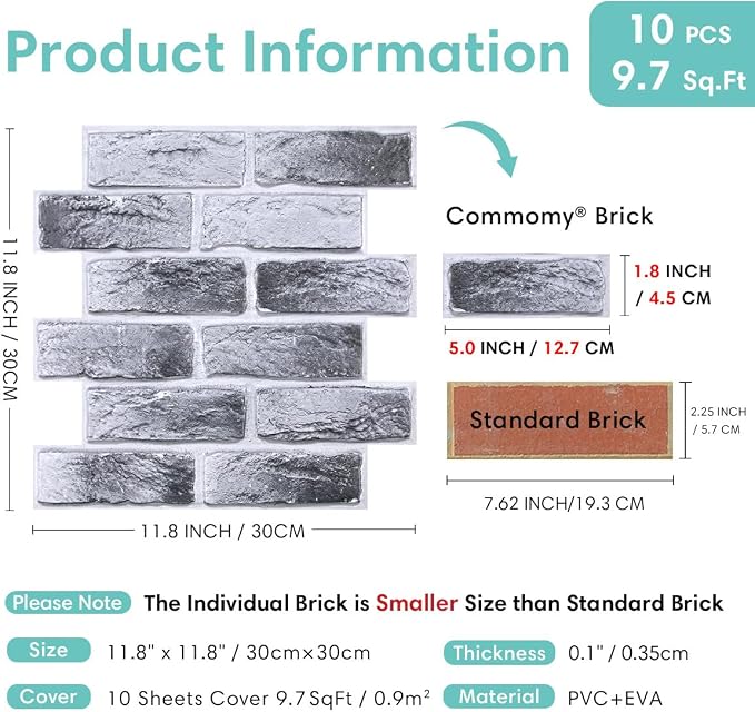 Commomy 3D Wall Panels Peel and Stick Faux Brick 10 Pcs 11.8" x 11.8" | Small Size Thin PVC Brick Wallpaper Tiles Backsplash for Kitchen,Bedroom,Living Room,Quick DIY Wall Decor(Covers 9.7 sq.ft) - Image 4