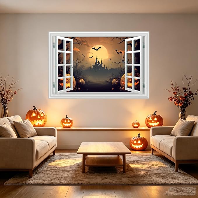 Halloween Decorations Fake Window Wall Decals，Full Moon Night View Terror Castle Pumpkin Bat Spooky Wall Art Poster Sticker Decal ，for Home Halloween Party Scary Scene Decor Peel and Stick 16“x24” - Image 5