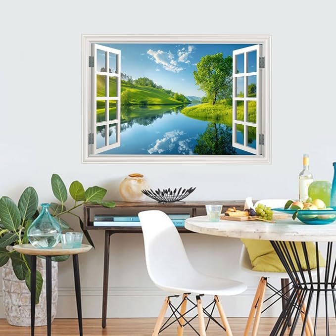 Fake Window Wall Decal- Lake Green Tree Grassland Open Wall Art Sticker | Faux Window Grassy Hills Natural Scenery Landscape Mural｜ Stick and Peel Wall Decals｜for Room Bedroom Office Decor｜24"x16" - Image 7