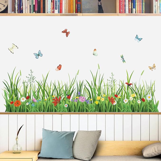 wondever Green Grass Wall Decals Flowers Butterflies Wall Corner Stickers | Peel and Stick, Removable, Wall Art Decals, Wall Decoration, Living Room Bedroom, Office Sofa TV Home Wall Decor - Image 2