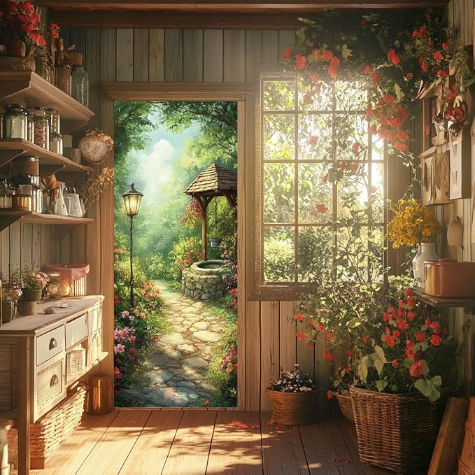 arricraft 2 Pcs Self-Adhesive Door Sticker, 31.5"x78.7", Garden Street Lamp Plant Door Murals, PVC, Removable Wallpaper Decoration for Bedrooms, Living Room - Image 6