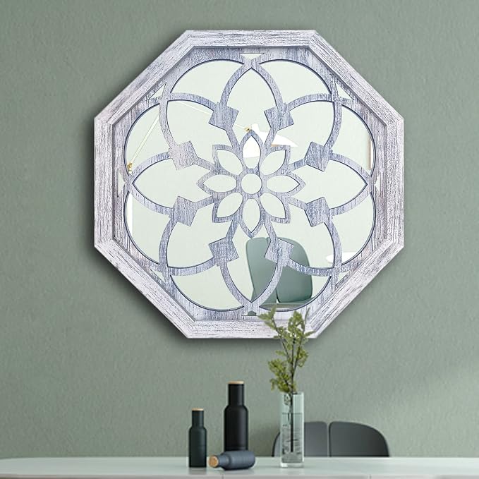 ZOLAPI 2 PCS 20inch Octagon Wall-Mounted Mirrors,Vintage Farmhouse Mirror for Wall Decor,Rustic White Color Decorative Accent Mirror for Foyer, Bathroom, Bedroom. (20”x20”) - Image 7