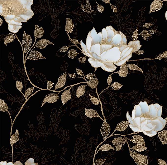Laatse Vintage Dark Black Golden Floral Wallpaper Peel and Stick 17.5"x787" | Self Adhesive/Removable/Waterproof/Thick Vinyl Extra Long Contact Paper for Bathroom Bedroom Shelf Cabinet Drawer,Prepasted by Laatse