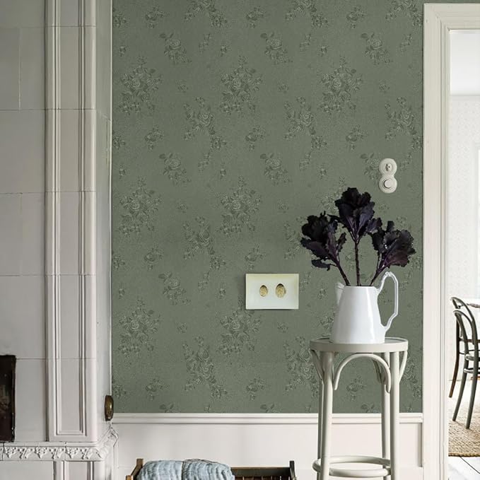 Green Flower Peel and Stick Wallpaper Solid Pure Paper 18in x 197in | Embossed Flower Contact Paper Textured Self Adhesive Paper for Cabinets Bathroom Dark Floral Removable Waterproof Decor Vinyl - Image 6